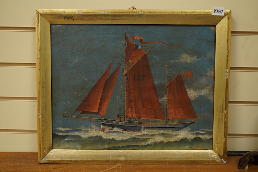 J. Rodwell, British Marine naive school, The Grimsby fishing ketch LYNX GY127, signed, oil on canvas, 34 x 44cm